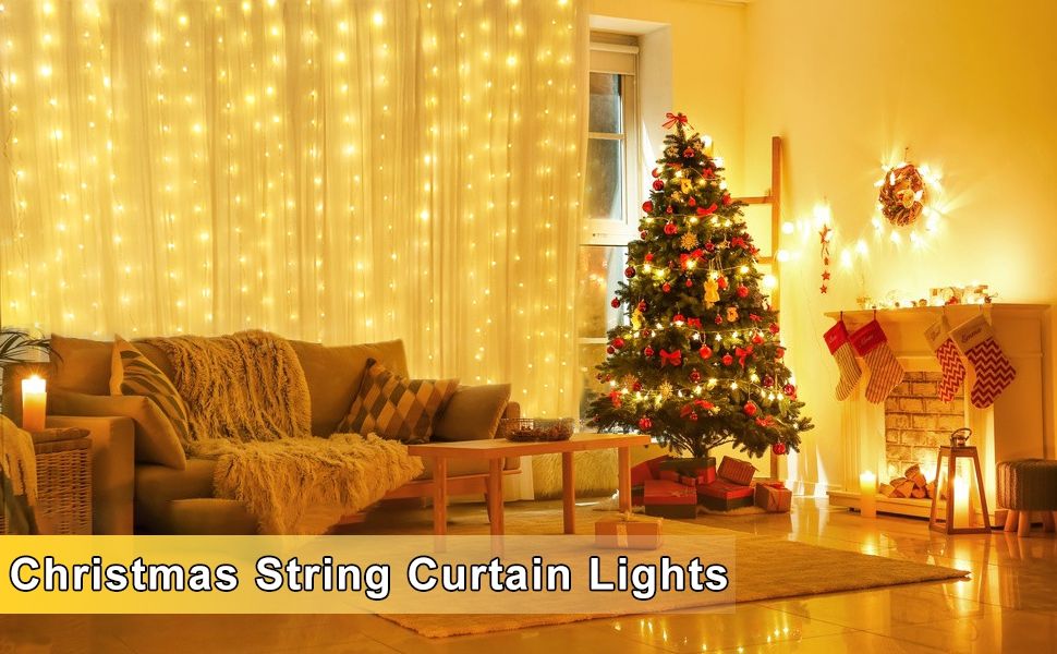 Curtain Light String | 300 LED | Hooks and 8 Mode RC | Warm White | 3m | USB Mains Powered