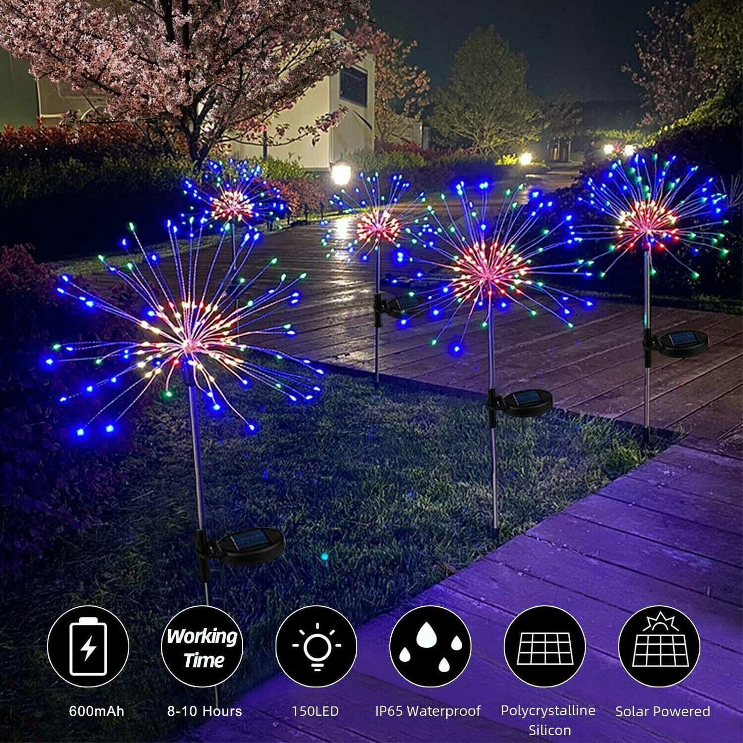 Colourful Fireworks Outdoor Lights | 200 LED | Multi Colour | 90cm | Solar Powered