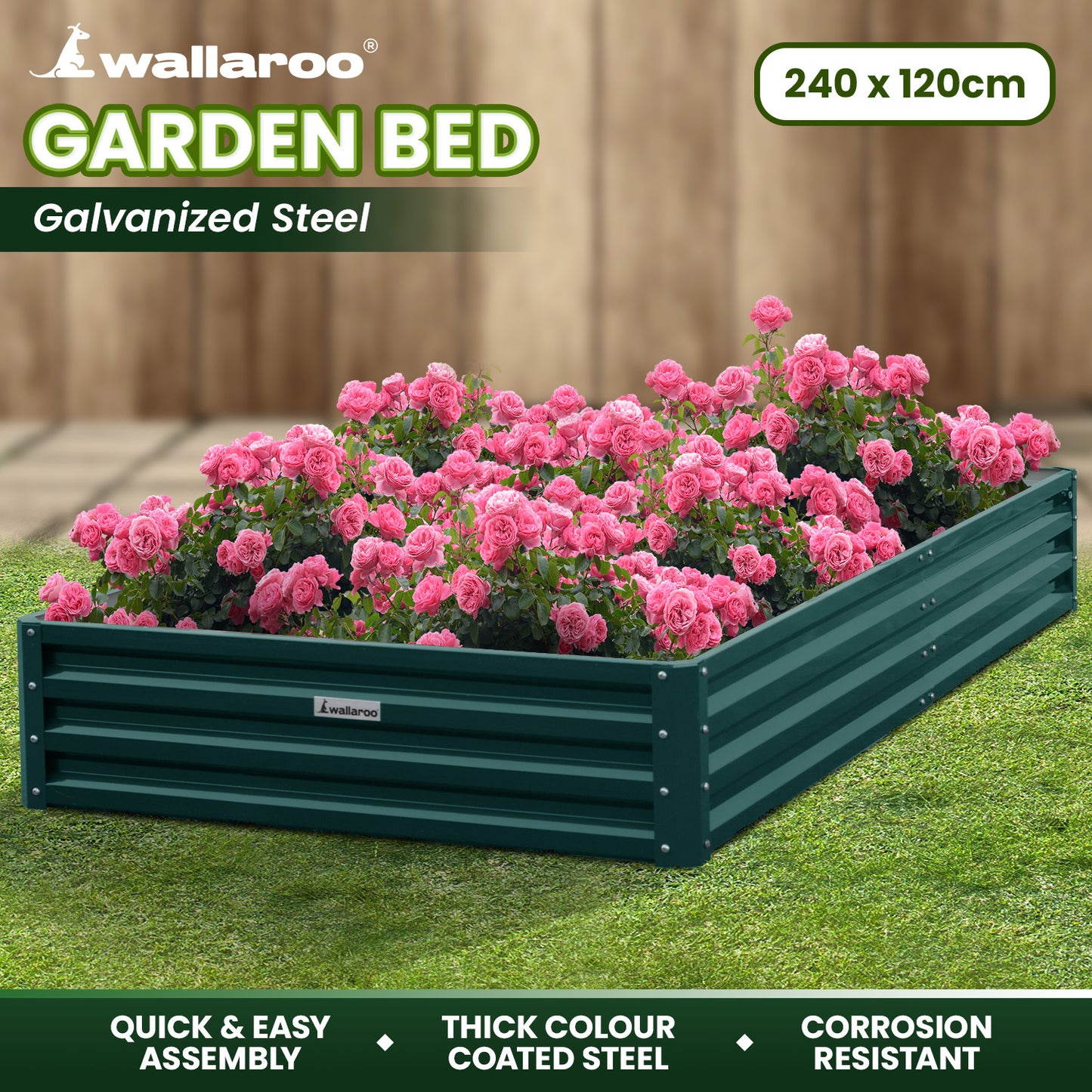 Garden Bed | Wallaroo | 240 x 120 x 30cm | Galvanized Steel - Green