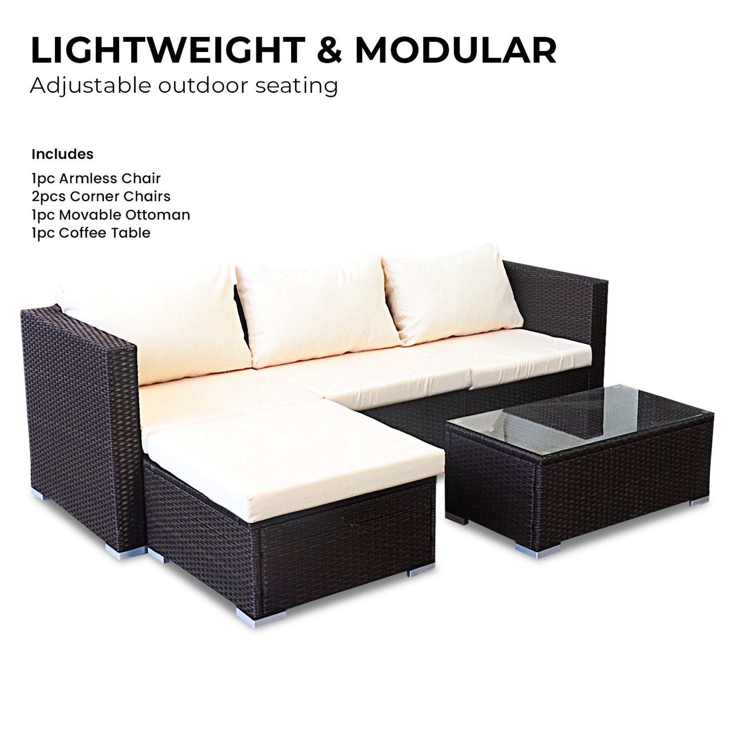 Modular Outdoor Lounge Set | 4 Seat | Sarantino | Brown & Cream