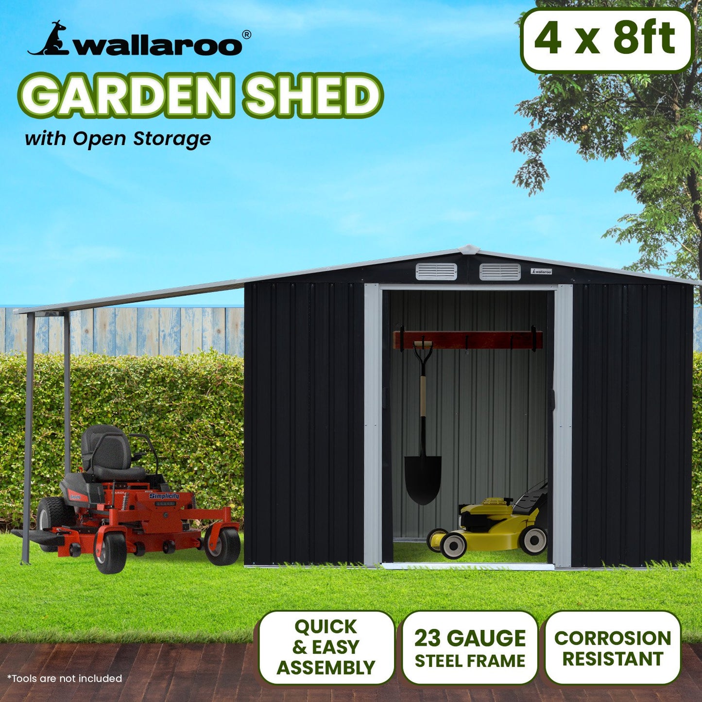 Shed Wallaroo 4ft x 8ft Zinc Steel Garden Shed with Open Storage Black