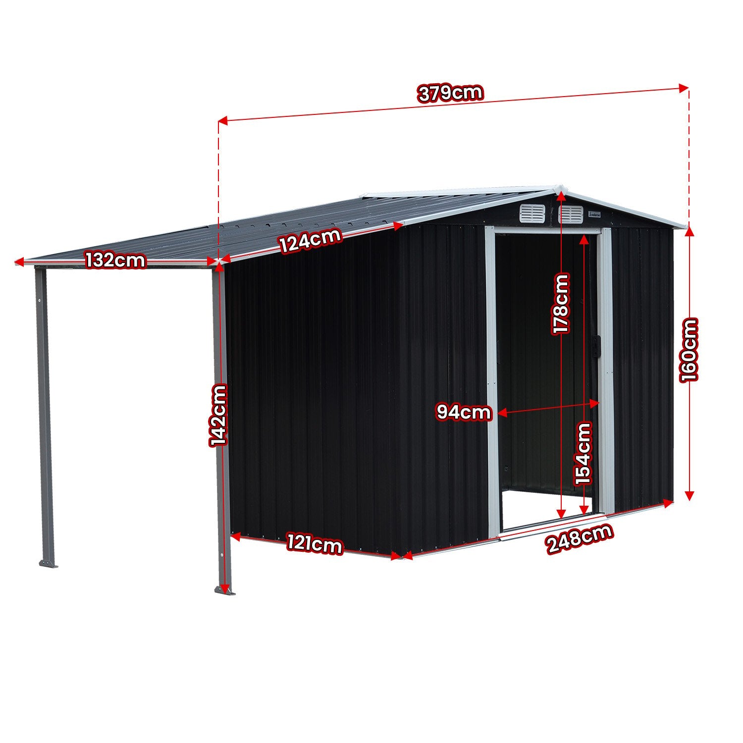 Shed Wallaroo 4ft x 8ft Zinc Steel Garden Shed with Open Storage Black