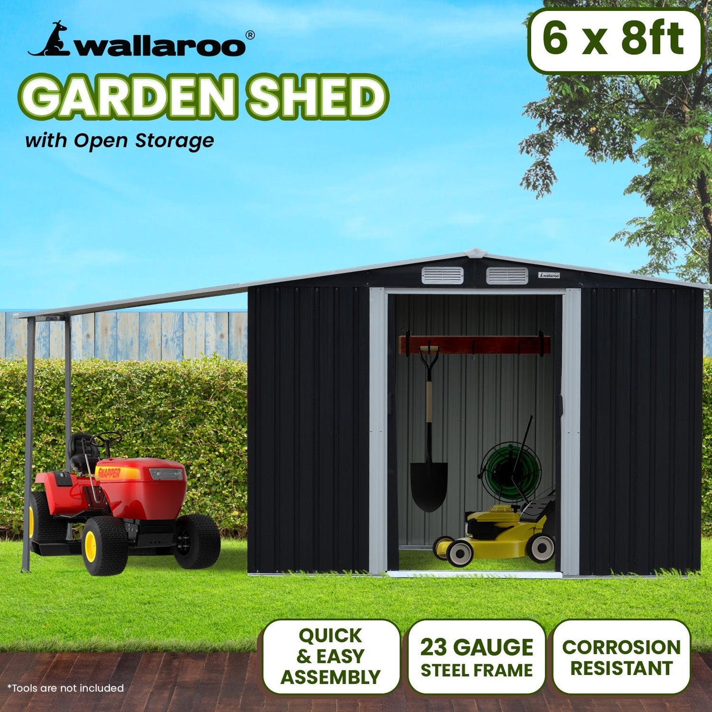 Shed Wallaroo 6ft x 8ft Zinc Steel Garden Shed with Open Storage Black