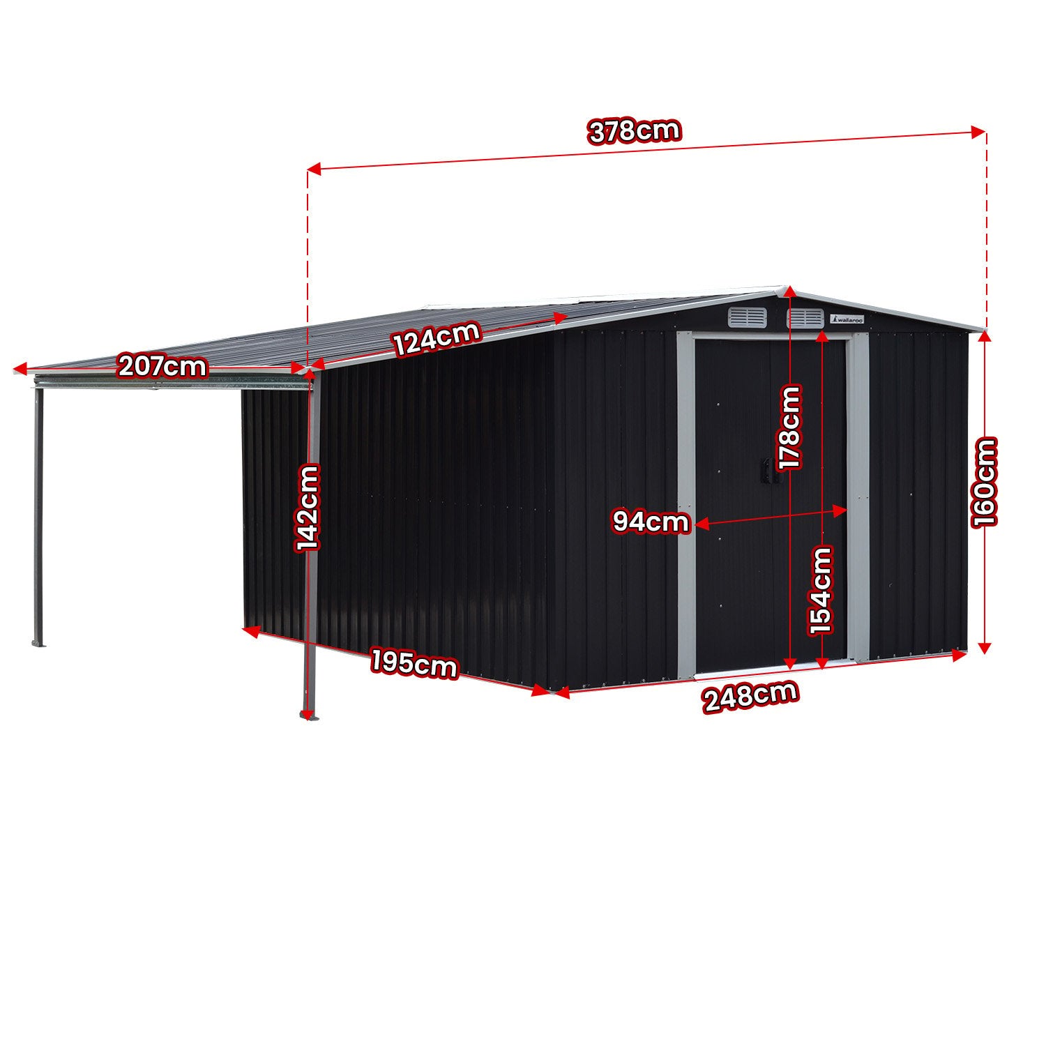 Shed Wallaroo 6ft x 8ft Zinc Steel Garden Shed with Open Storage Black