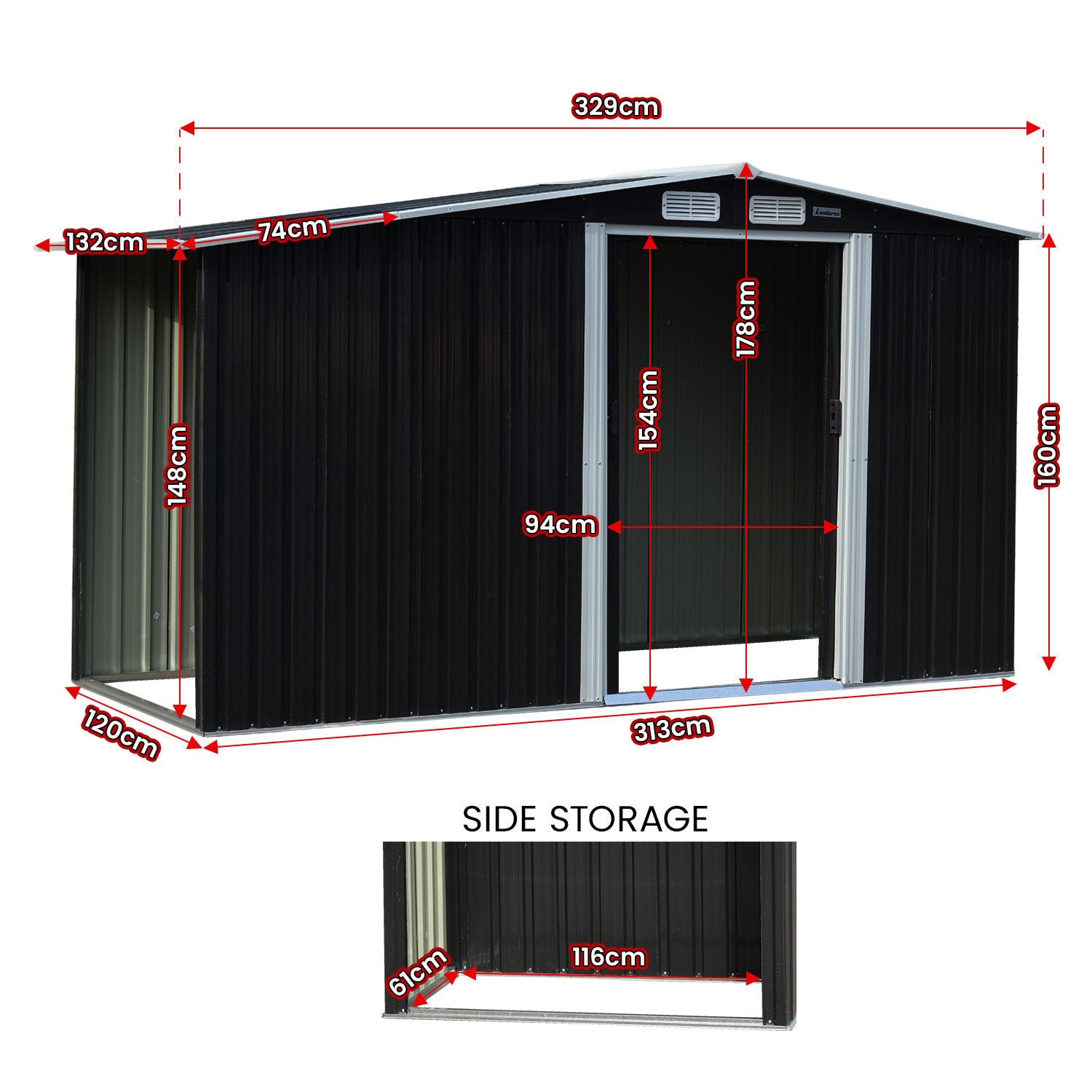 Shed Wallaroo Garden Shed with Semi-Close Storage 4ft x 8ft - Black