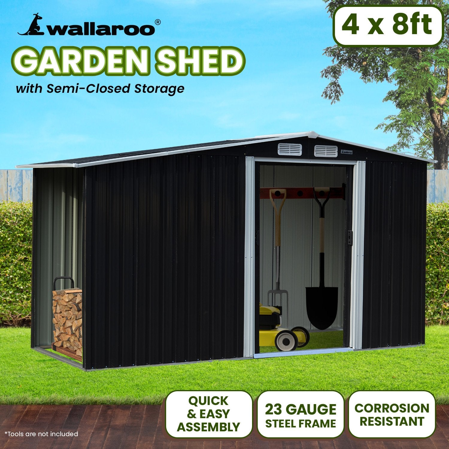 Shed Wallaroo Garden Shed with Semi-Close Storage 4ft x 8ft - Black