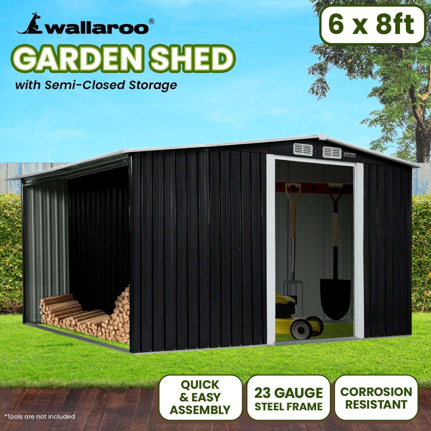 Wallaroo Garden Shed with Semi-Close Storage 6*8FT - Black Conch Outdoors