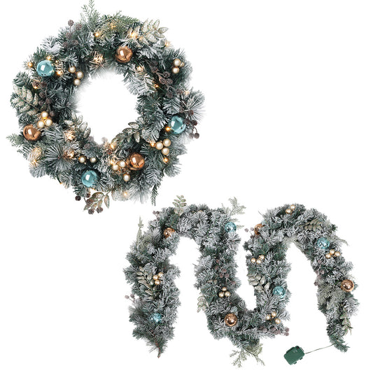 Christmas Garland and Christmas Wreath Set | Snow Covered with Decorations and LED Lights | Jingle Jollys | 2.7m