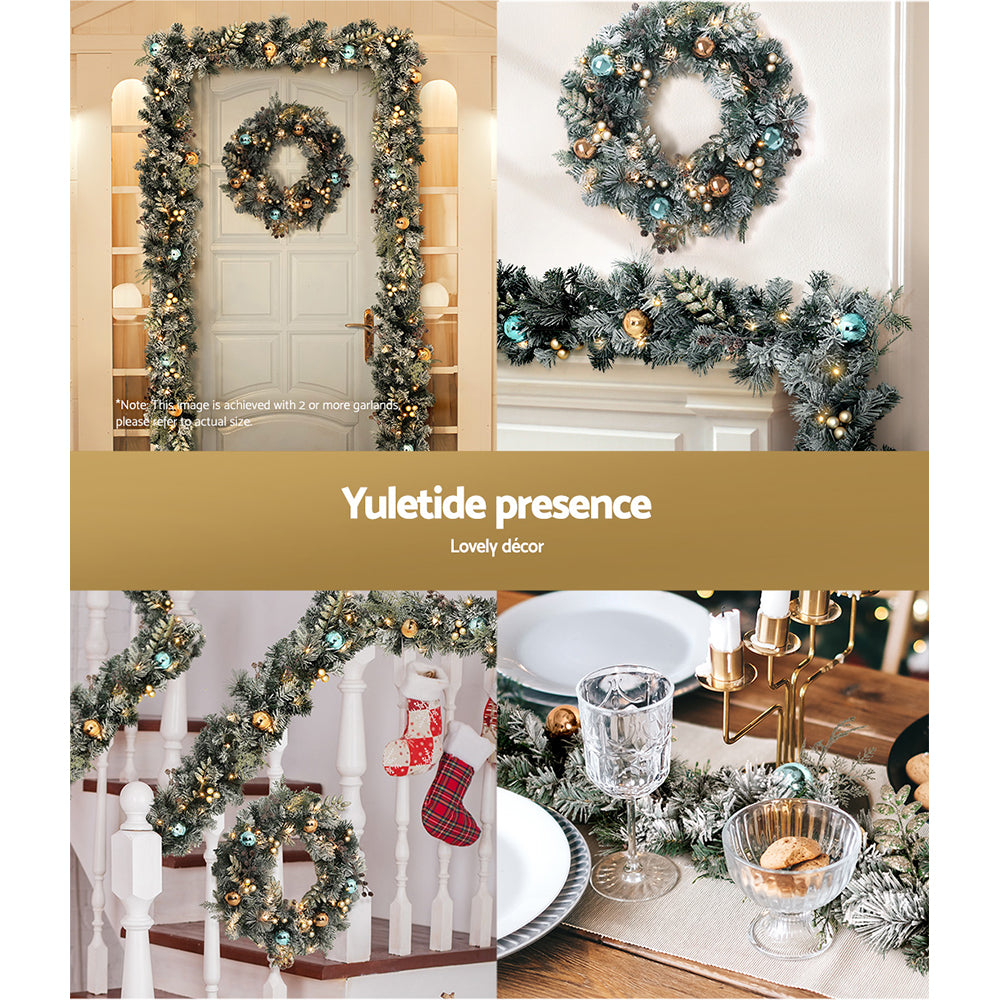 Christmas Garland and Christmas Wreath Set | Snow Covered with Decorations and LED Lights | Jingle Jollys | 2.7m