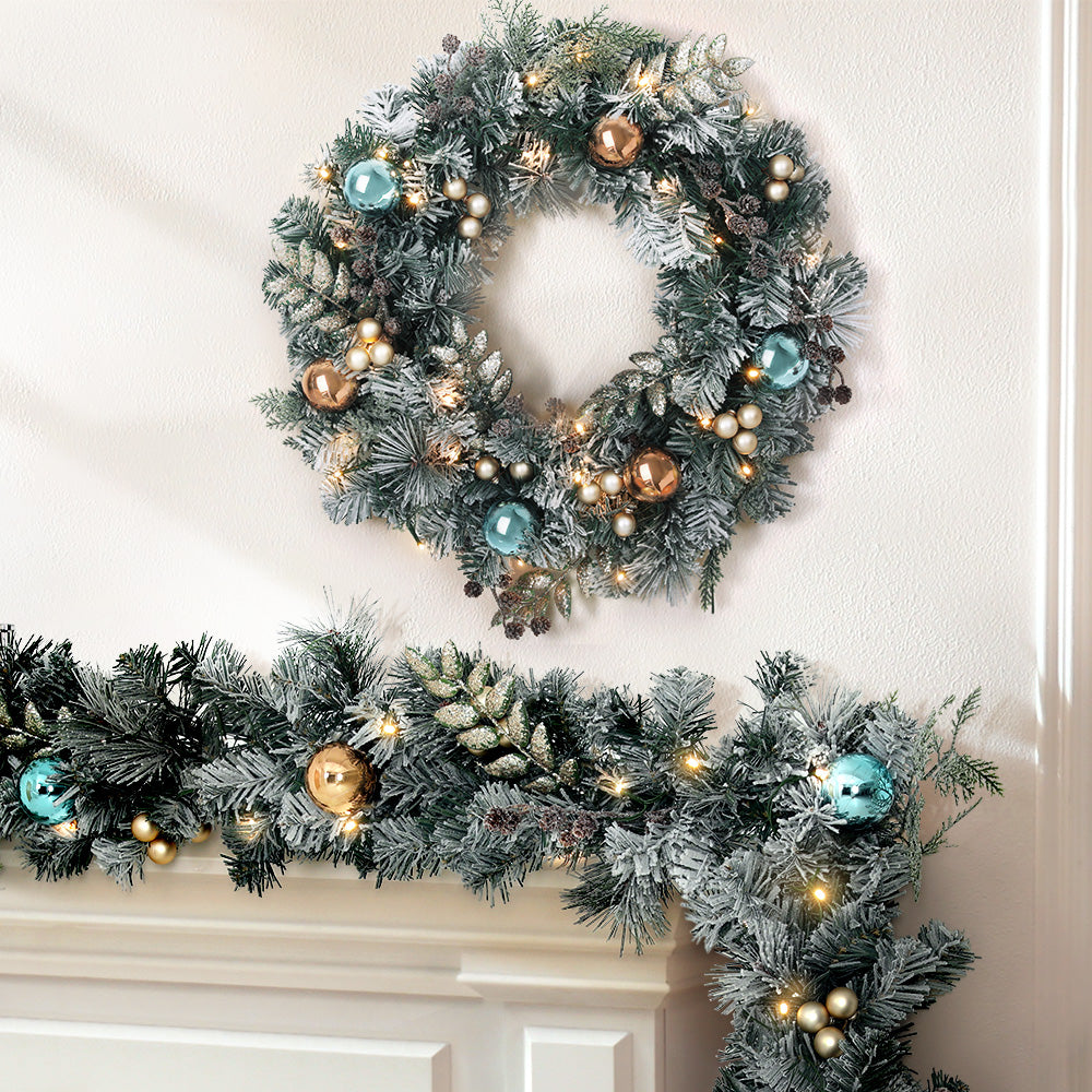 Christmas Garland and Christmas Wreath Set | Snow Covered with Decorations and LED Lights | Jingle Jollys | 2.7m