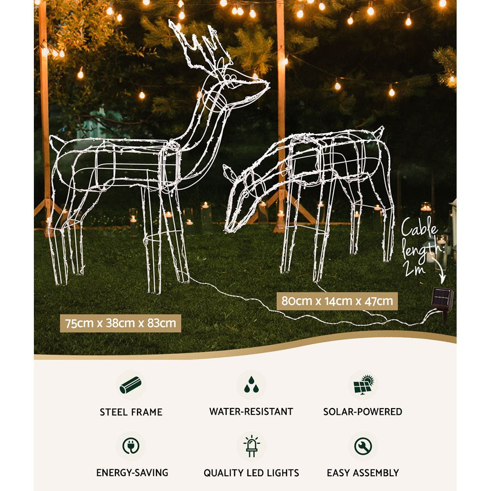 Two Christmas Reindeer Rope Light Decoration | 200 LED | Jingle Jollys | 83cm | Solar Powered