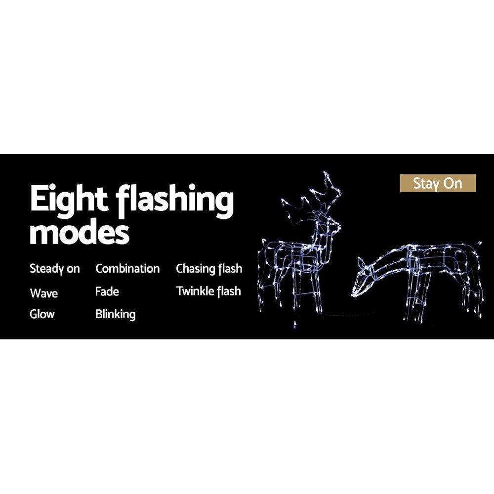 Two Christmas Reindeer Rope Light Decoration | 200 LED | Jingle Jollys | 83cm | Solar Powered