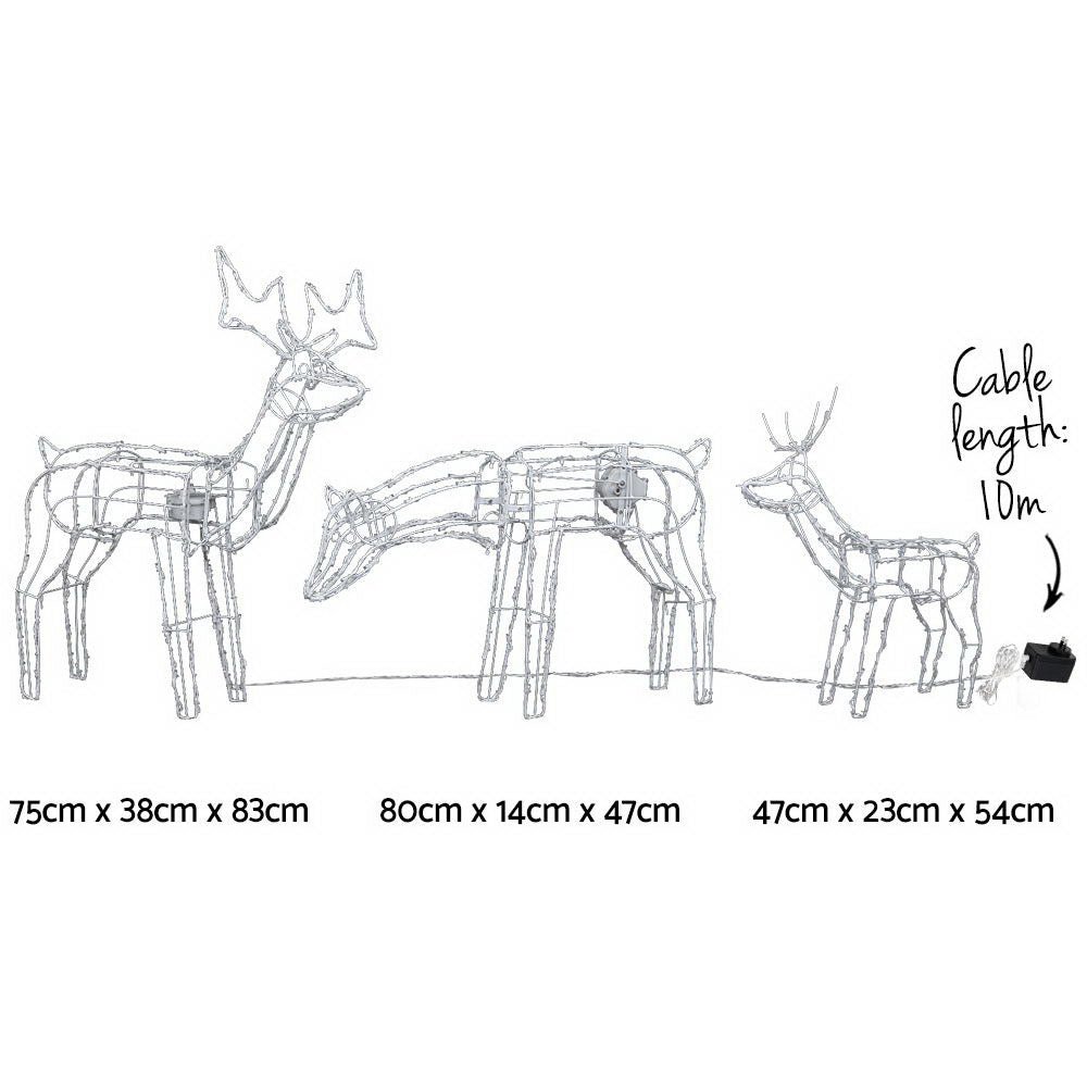 Three Christmas Reindeer Rope Light Decoration | 250 LED | Jingle Jollys | 83cm | Mains Powered