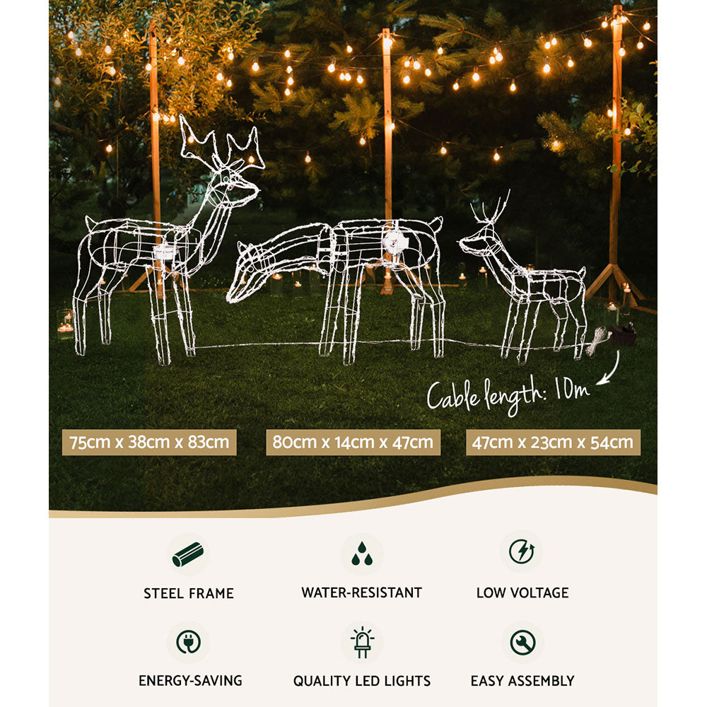 Three Christmas Reindeer Rope Light Decoration | 250 LED | Jingle Jollys | 83cm | Mains Powered