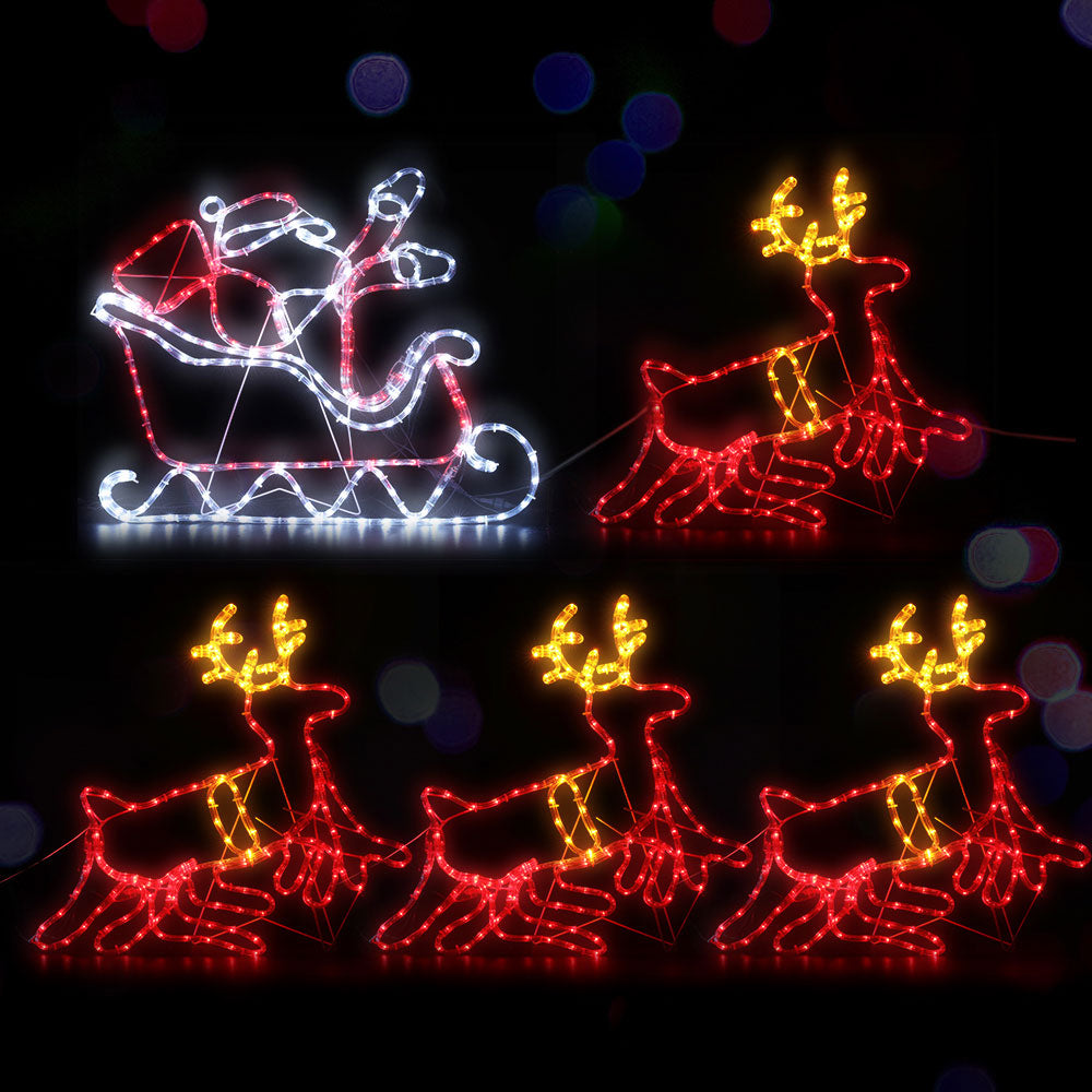 Reindeer and Sleigh Rope Light Decoration | 806 LED | Jingle Jollys | Multi Coloured | 77cm | Mains Powered