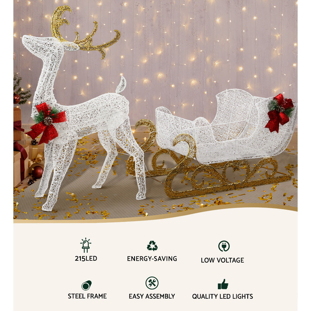 Reindeer and Sleigh Light Decoration | 215 LED | Jingle Jollys | Warm White | 77cm | Mains Powered