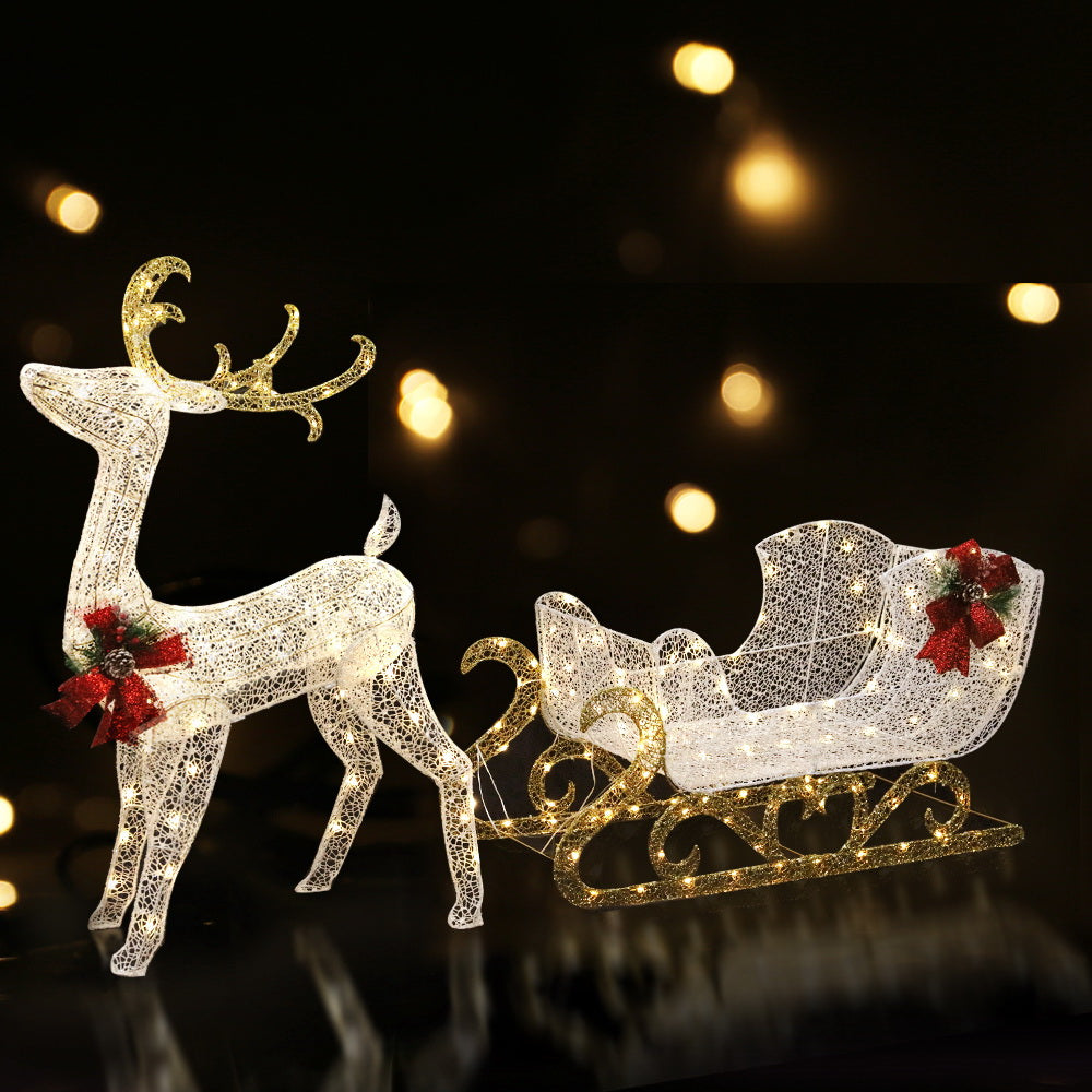 Reindeer and Sleigh Light Decoration | 215 LED | Jingle Jollys | Warm White | 77cm | Mains Powered