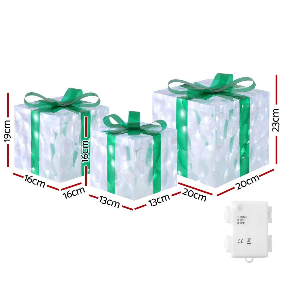 Three Christmas Gifts Light Decoration | 70 LED | Jingle Jollys | Green | 23cm | Battery Powered