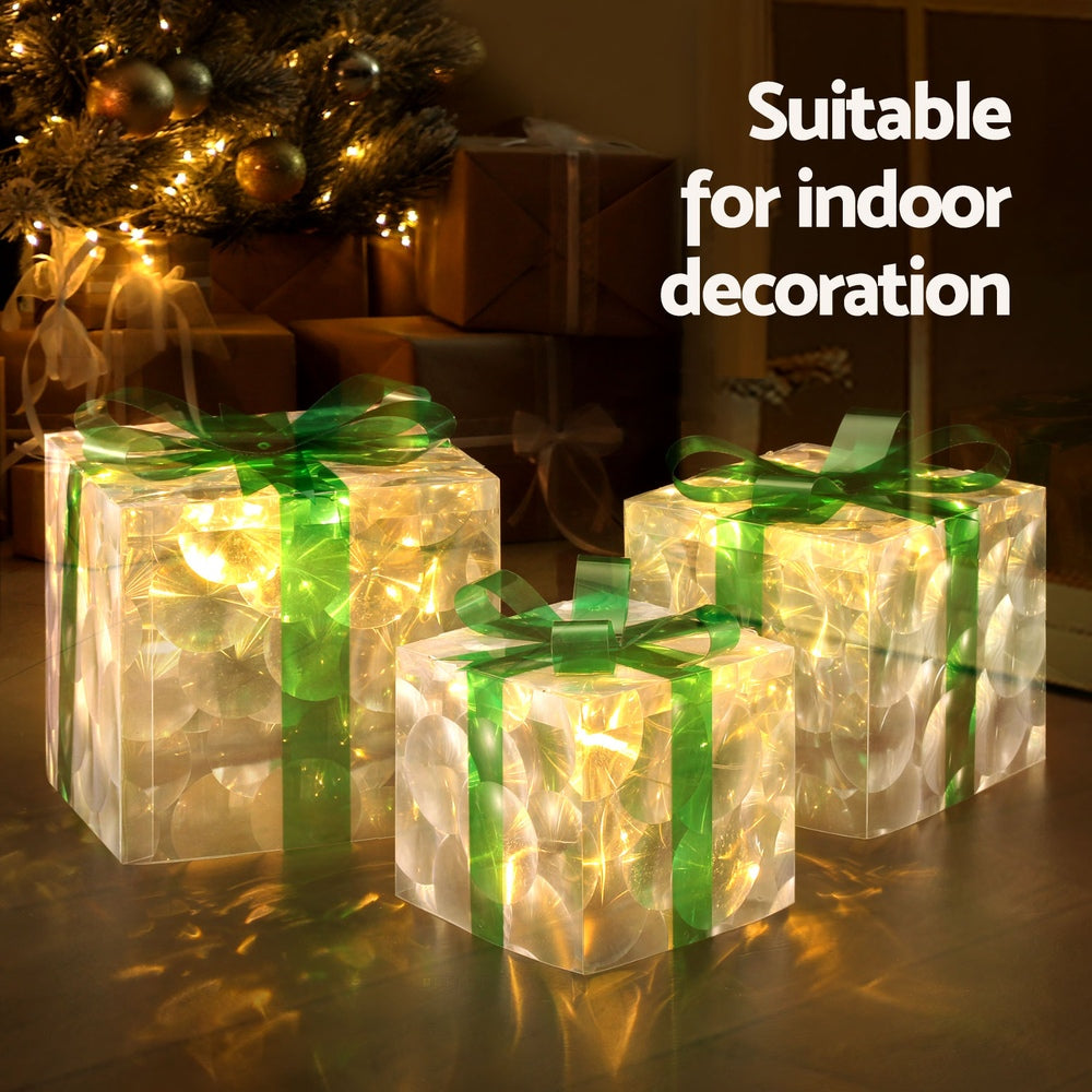 Three Christmas Gifts Light Decoration | 70 LED | Jingle Jollys | Green | 23cm | Battery Powered