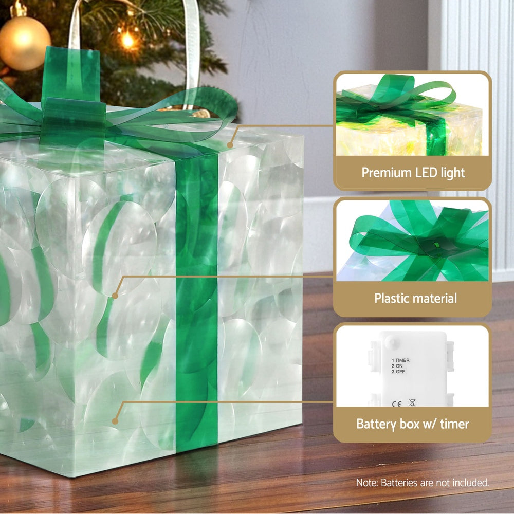 Three Christmas Gifts Light Decoration | 70 LED | Jingle Jollys | Green | 23cm | Battery Powered