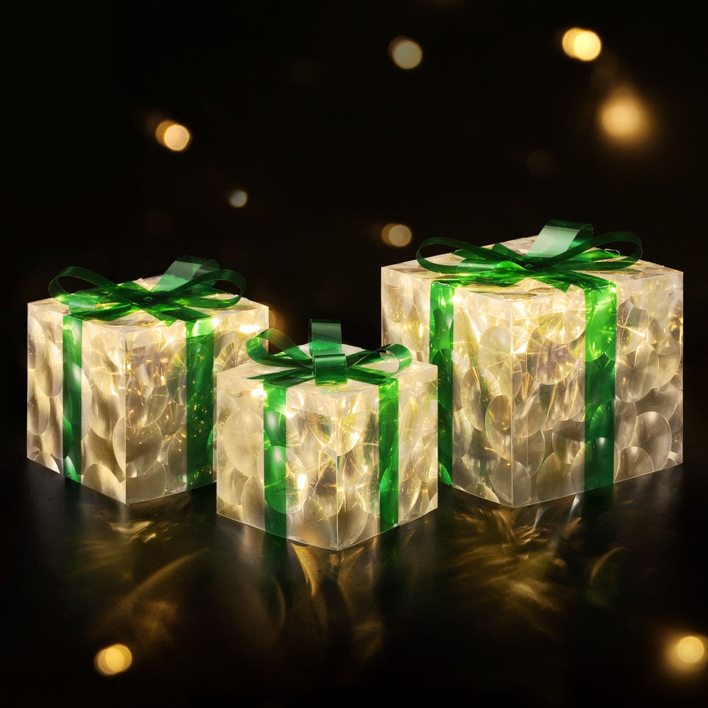 Three Christmas Gifts Light Decoration | 70 LED | Jingle Jollys | Green | 23cm | Battery Powered