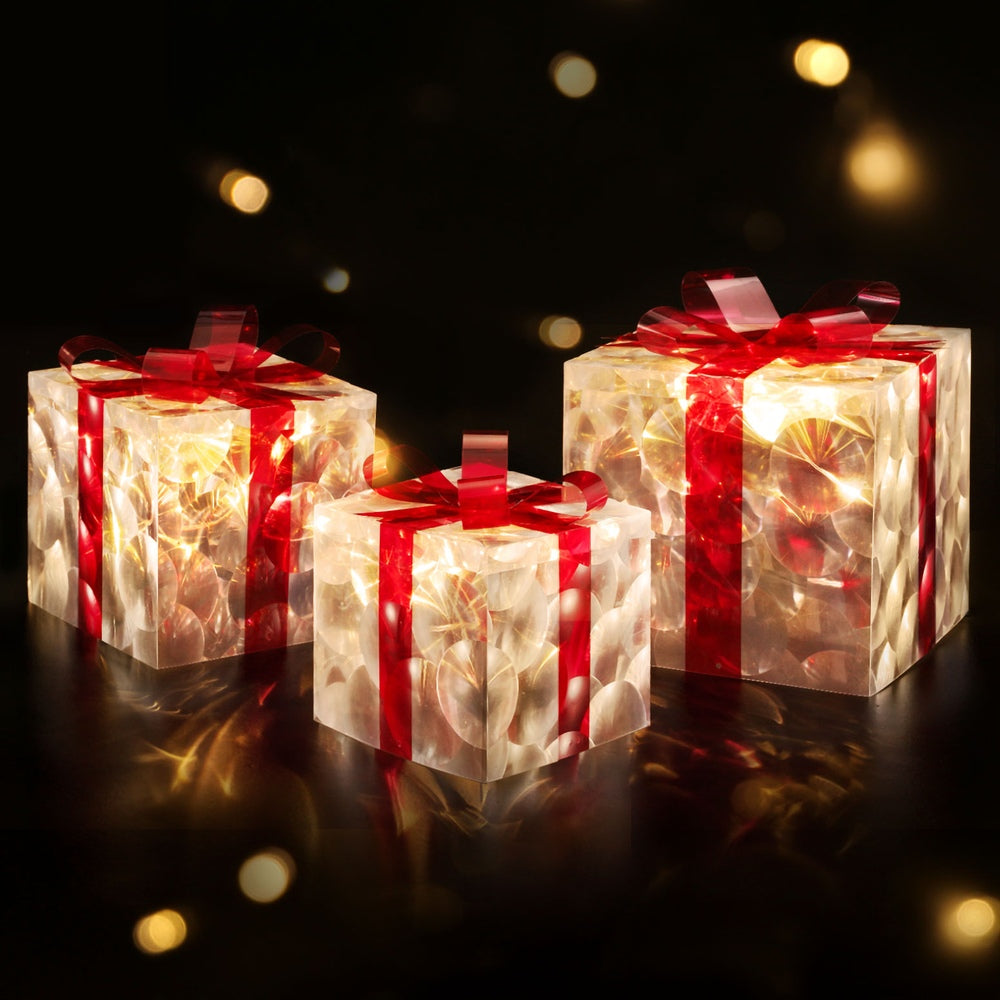 Three Christmas Gifts Light Decoration | 70 LED | Jingle Jollys | Red | 23cm | Battery Powered