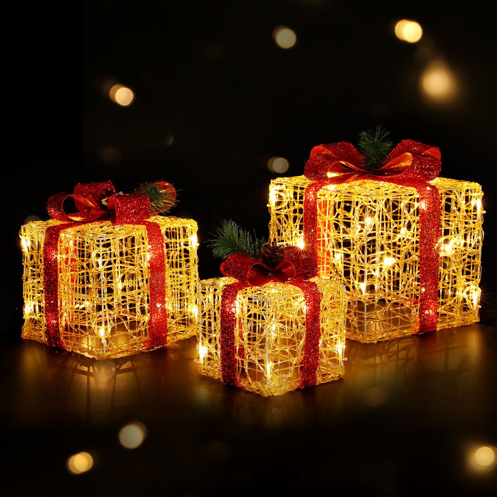 Three Christmas Gifts Light Decoration | 48 LED | Jingle Jollys | Warm Red | 24cm | Battery Powered