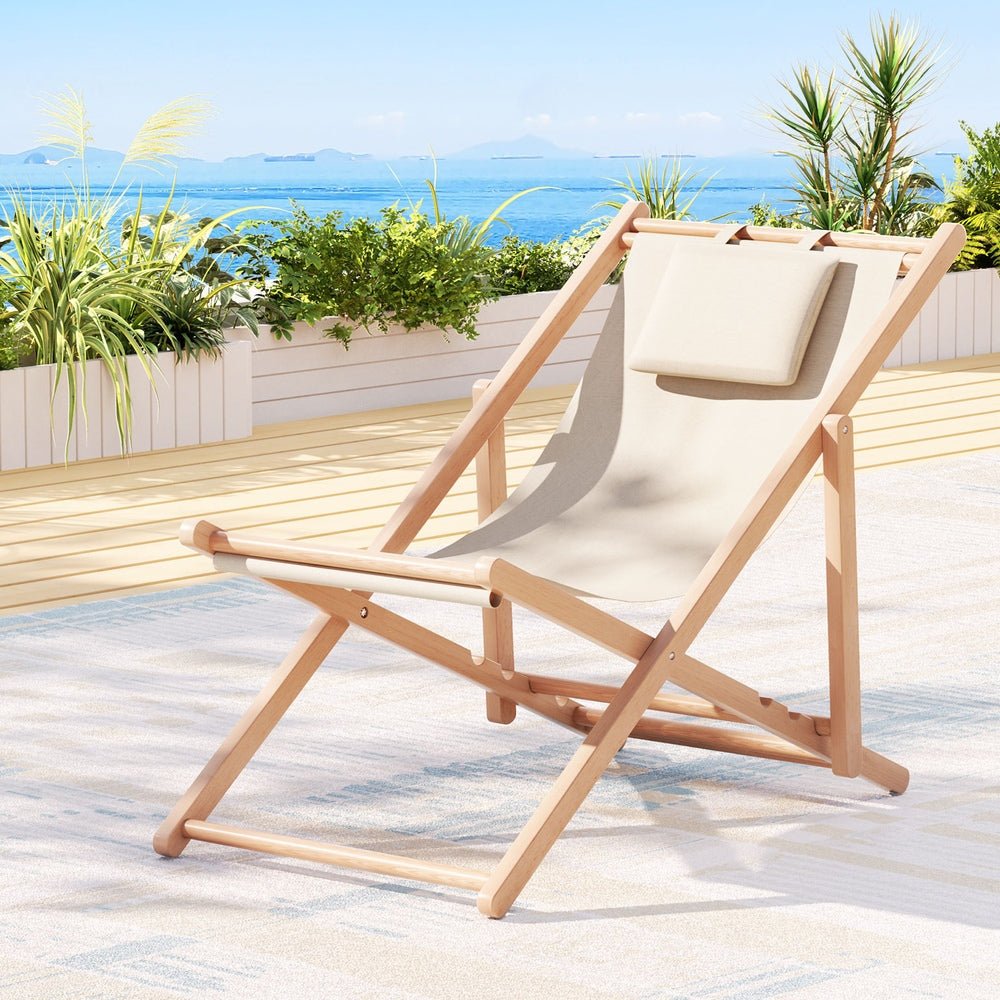 Beach Chair Outdoor Deck Chair Wooden Folding Beige