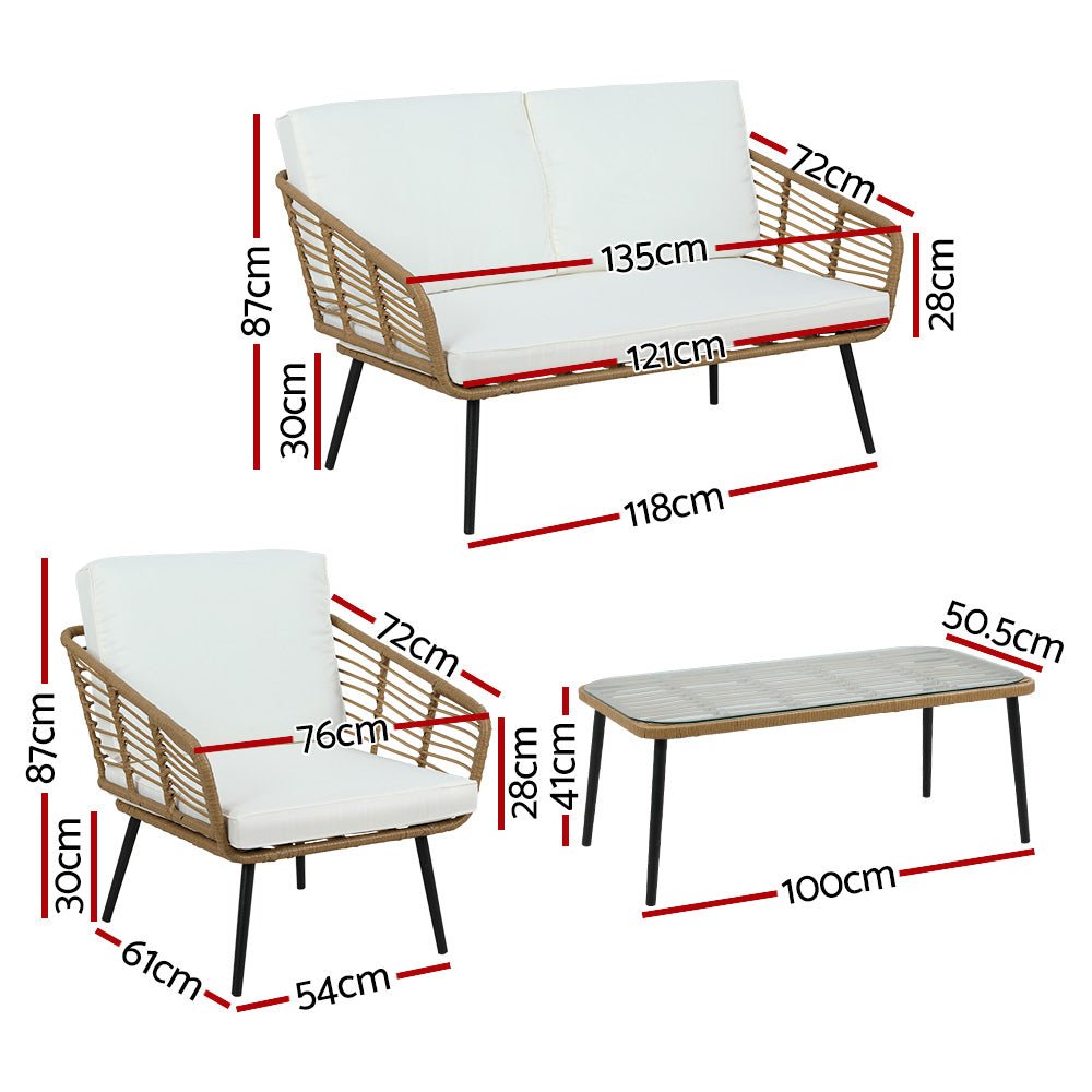 Outdoor Lounge Setting | Rattan 4-Piece Outdoor Sofa | Table Chairs | Gardeon | Oak