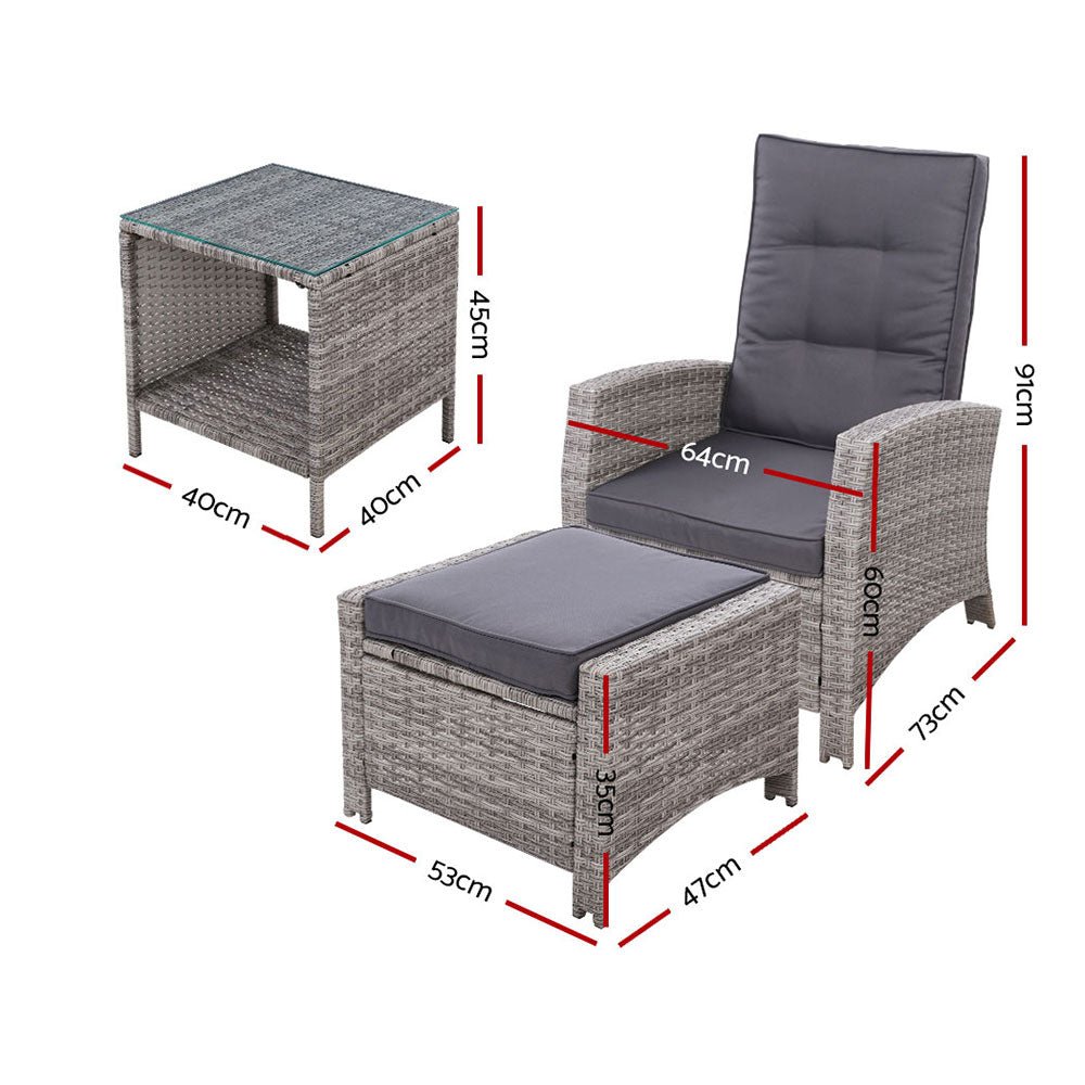 Outdoor Recliner Chair Set Gardeon Wicker Furniture Adjustable Grey