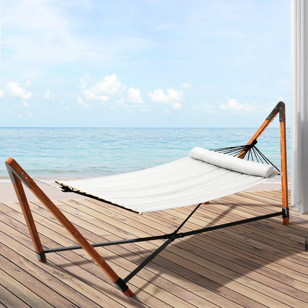 Hammock with Stand Wooden Double Linen Timber Steel Grey