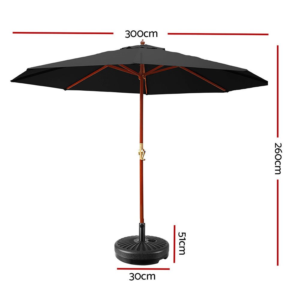 Outdoor Umbrella with Base 3m Patio Wooden Pole and Black Canopy