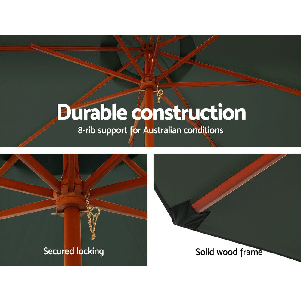 Outdoor Umbrella with Base 3m Patio Wooden Pole and Charcoal Canopy