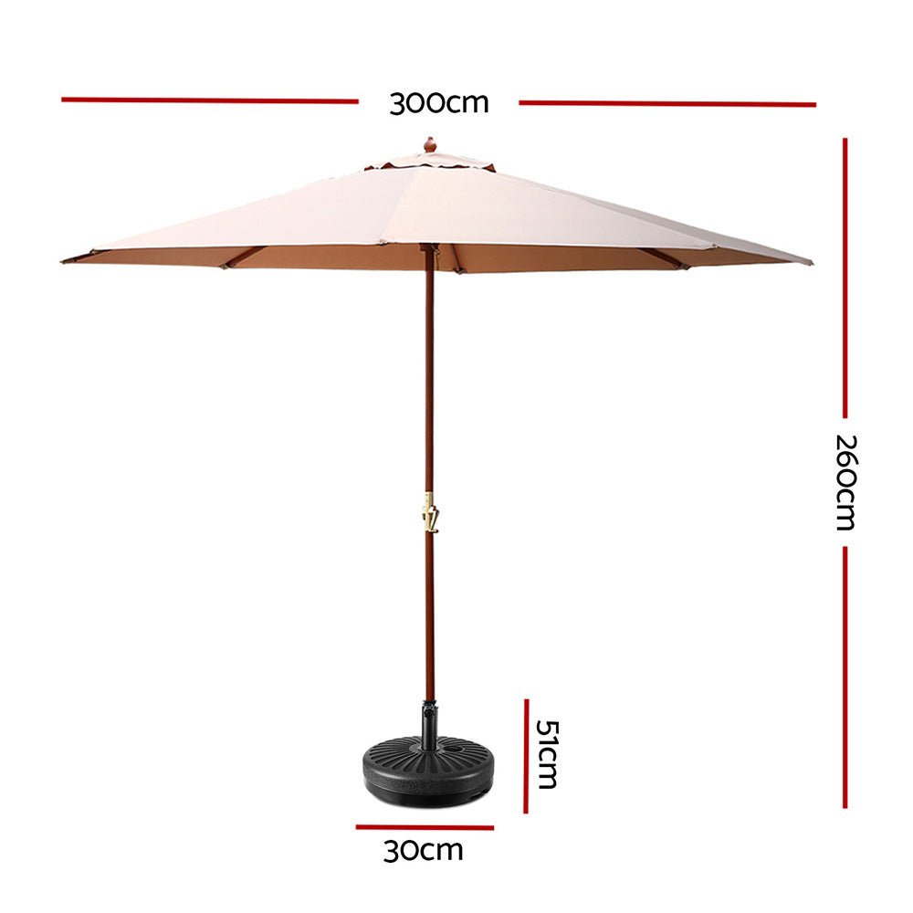 Outdoor Umbrella with Base 3m Patio Wooden Pole and Beige Canopy