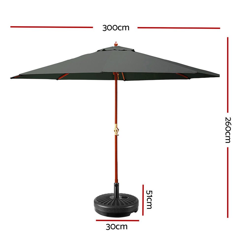 Outdoor Umbrella with Base 3m Patio Wooden Pole and Charcoal Canopy