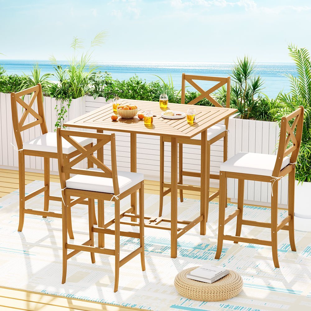 Outdoor Bar Table Setting for 4 | Square Solid Wood Design | Natural and White