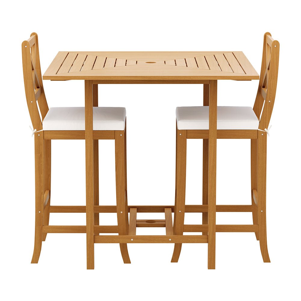 Outdoor Bar Table Setting for 4 | Square Solid Wood Design | Natural and White