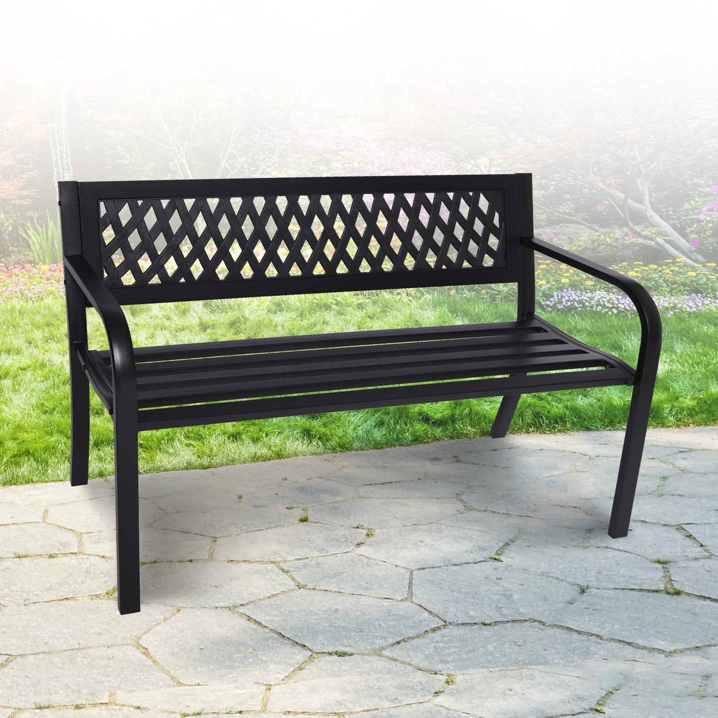 Outdoor Bench Wallaroo Steel Metal Garden Black - Lattice Design