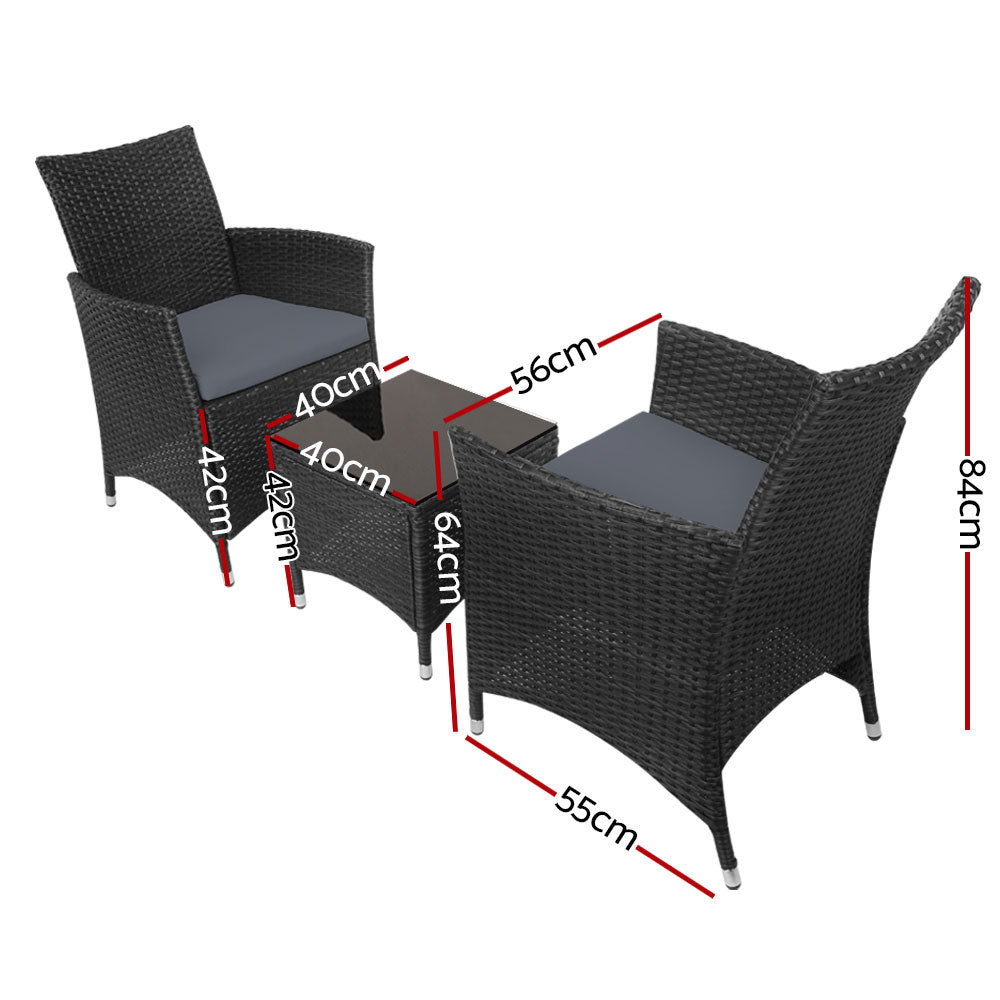 Outdoor Chair and Table Set Gardeon 3PC Patio Set All Black