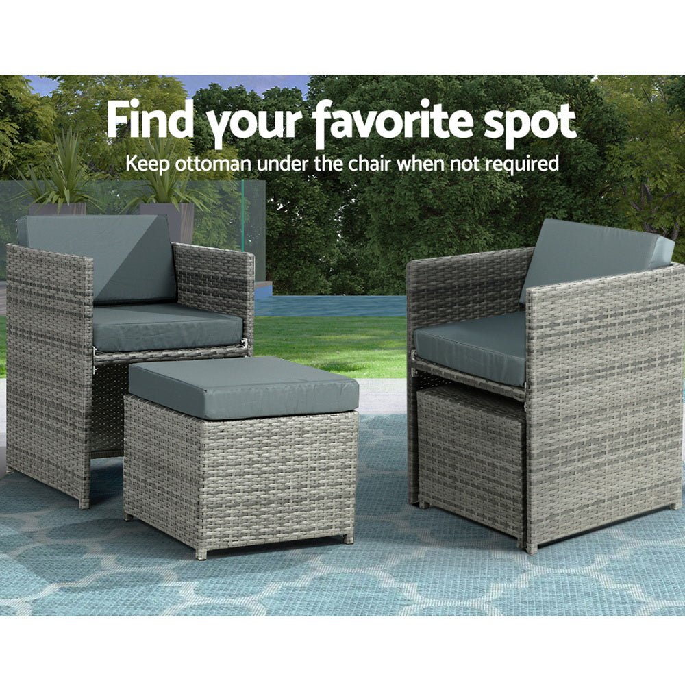Outdoor Dining Table Set 12 Seater Wicker Table Chairs Ottomans Setting Grey