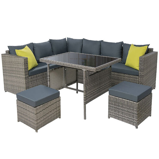 Outdoor Dining Set Aluminium Table Chairs Ottoman Wicker Setting Grey