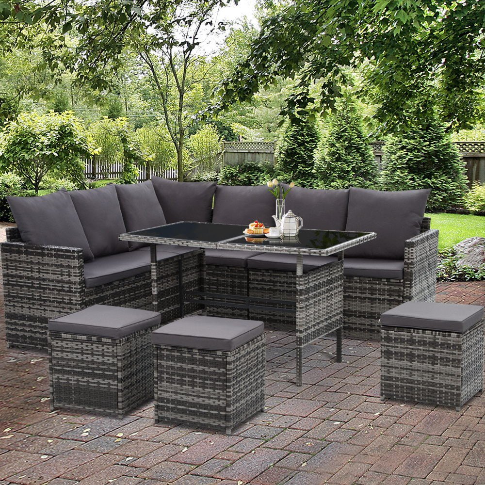Outdoor Dining Set 9 Seater Lounge Setting Chairs Table Ottoman Grey