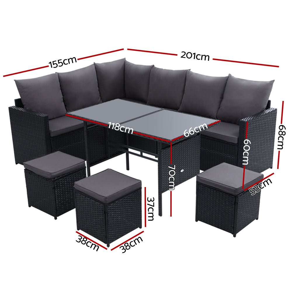 Outdoor Dining Set 9 Seater Lounge Setting Chairs Table Ottoman Black