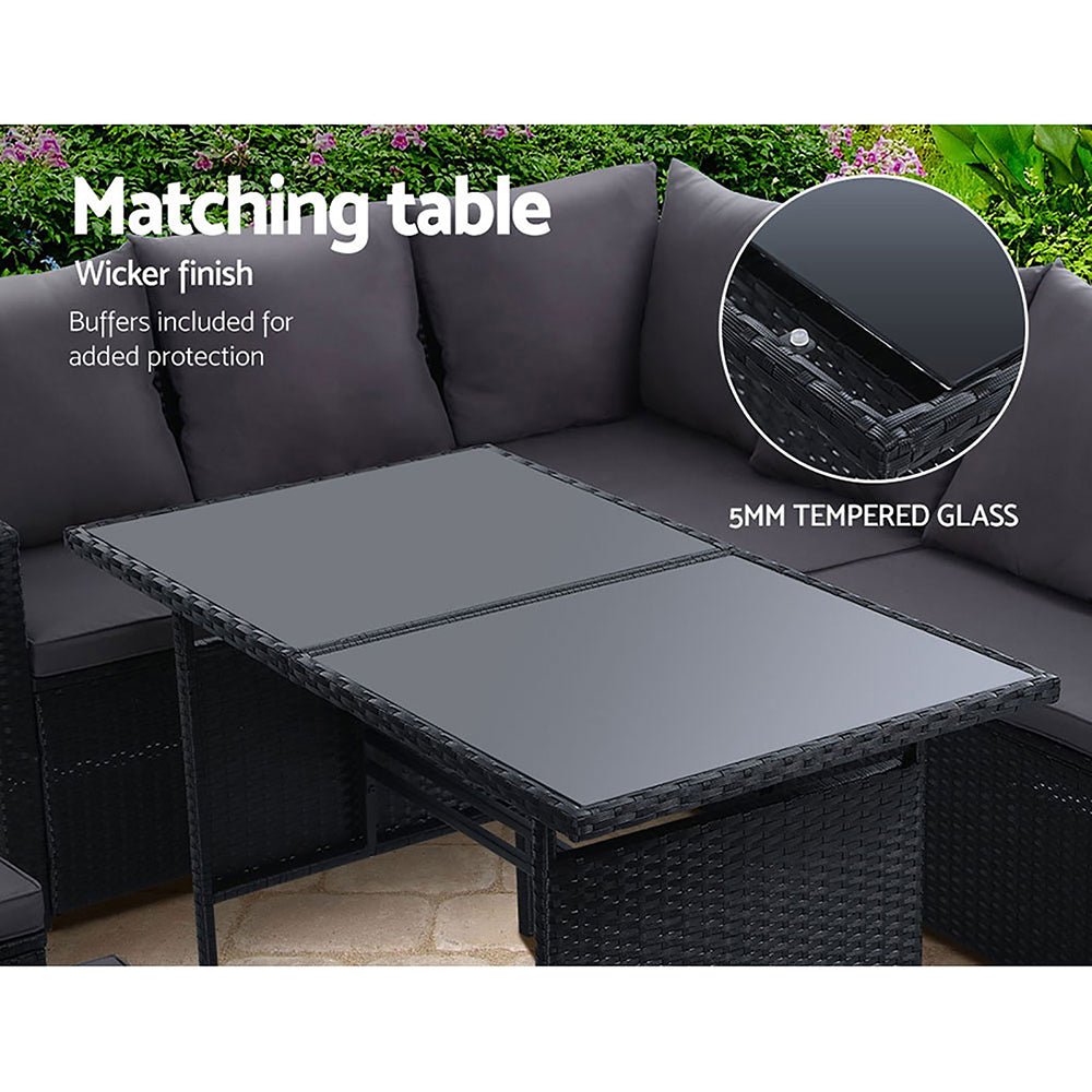 Outdoor Dining Set 9 Seater Lounge Setting Chairs Table Ottoman Black