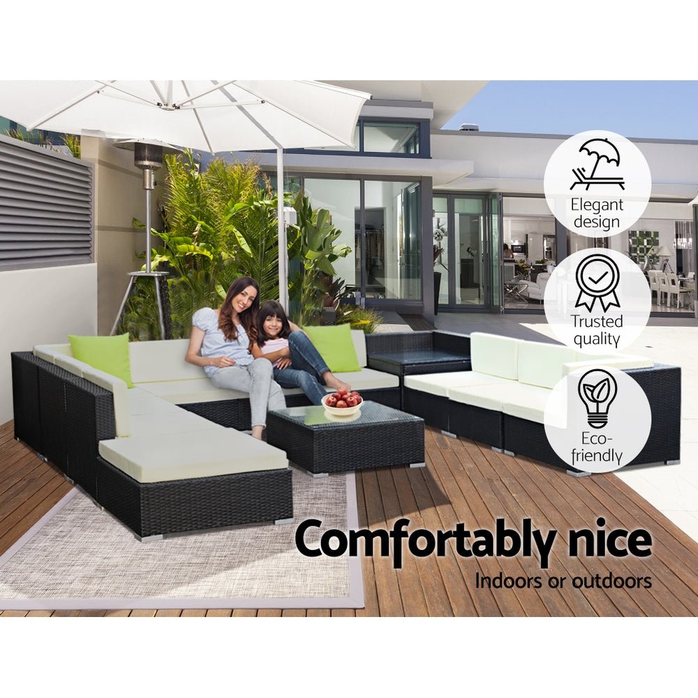 Outdoor Lounge | 10 Seat | Modular Outdoor Sofa Setting | Includes Corner Table, Coffee Table and Storage Cover | Black and Beige