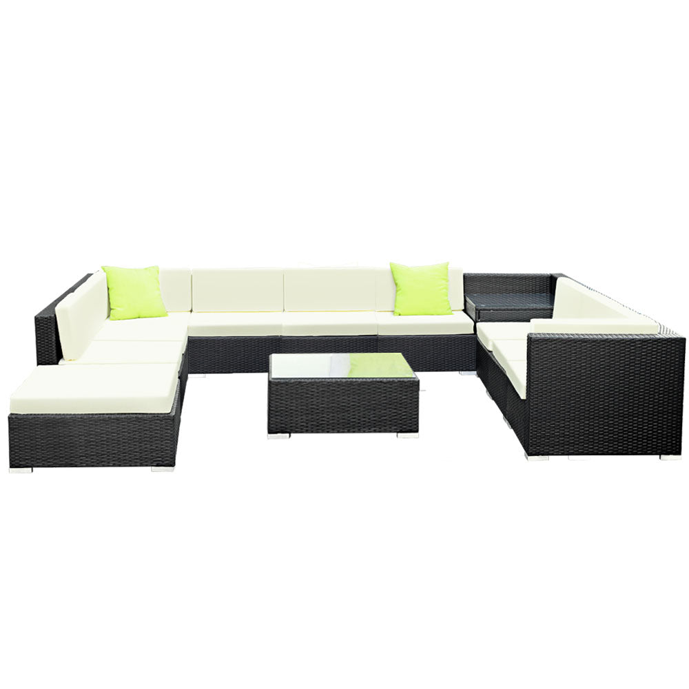 Outdoor Lounge | 10 Seat | Modular Outdoor Sofa Setting | Includes Corner Table, Coffee Table and Storage Cover | Black and Beige