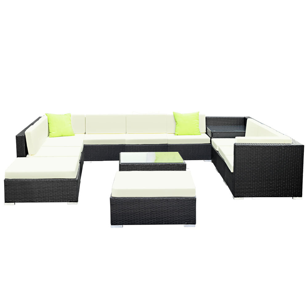 Outdoor Lounge | 11 Seat | Modular Outdoor Sofa Setting | Includes Corner Table, Coffee Table and Storage Cover | Black and Beige