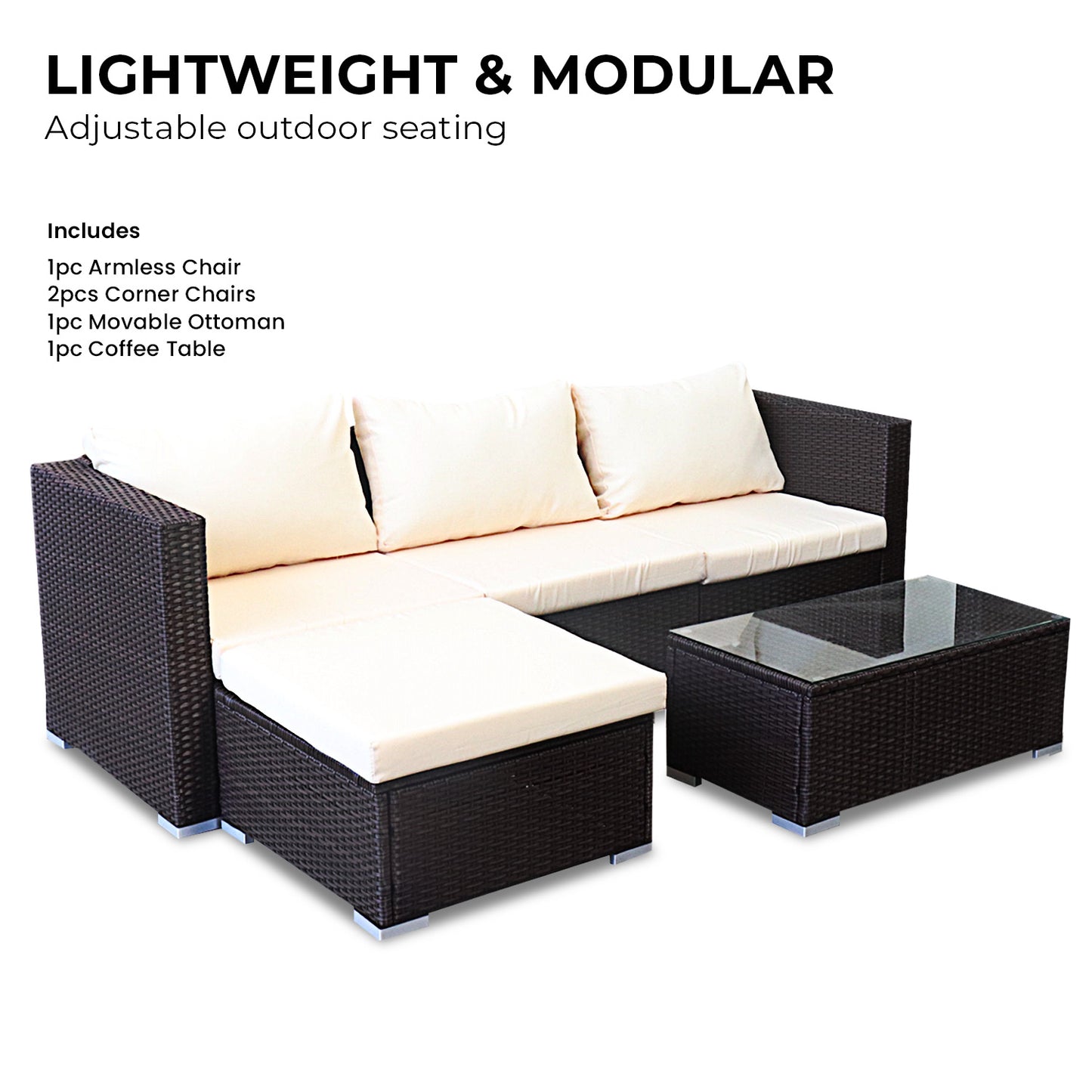 Outdoor Lounge | 4 Seat | Modular Outdoor Sofa Setting | Sarantino Range | Brown