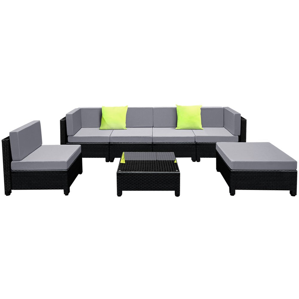 Outdoor Lounge | 6 Seat | Modular Outdoor Sofa Setting | Includes Grey and Beige Cushion Covers | Bondi Range | Black