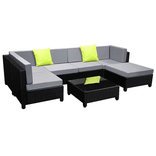 Outdoor Lounge | 6 Seat | Modular Outdoor Sofa Setting | Includes Grey and Beige Cushion Covers | Bondi Range | Black